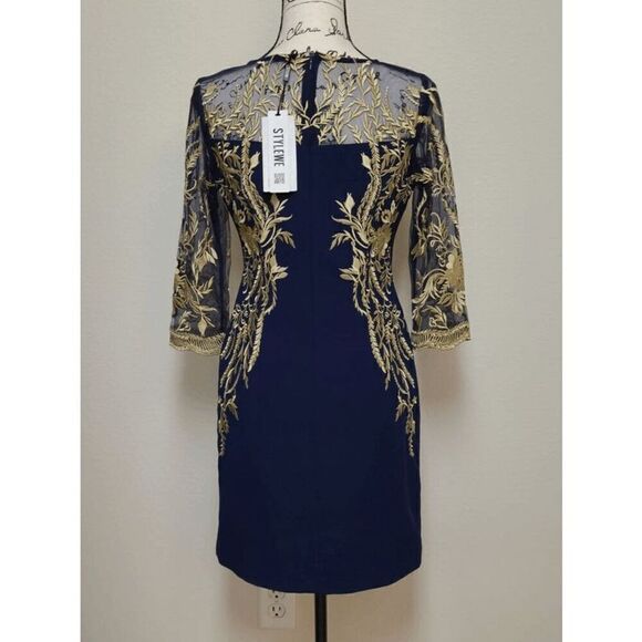 💙 NWT Blue Gold Floral Embroidered ¾ Mesh Sleeves Formal Sheath Dress SIZE 6 - Picture 6 of 15